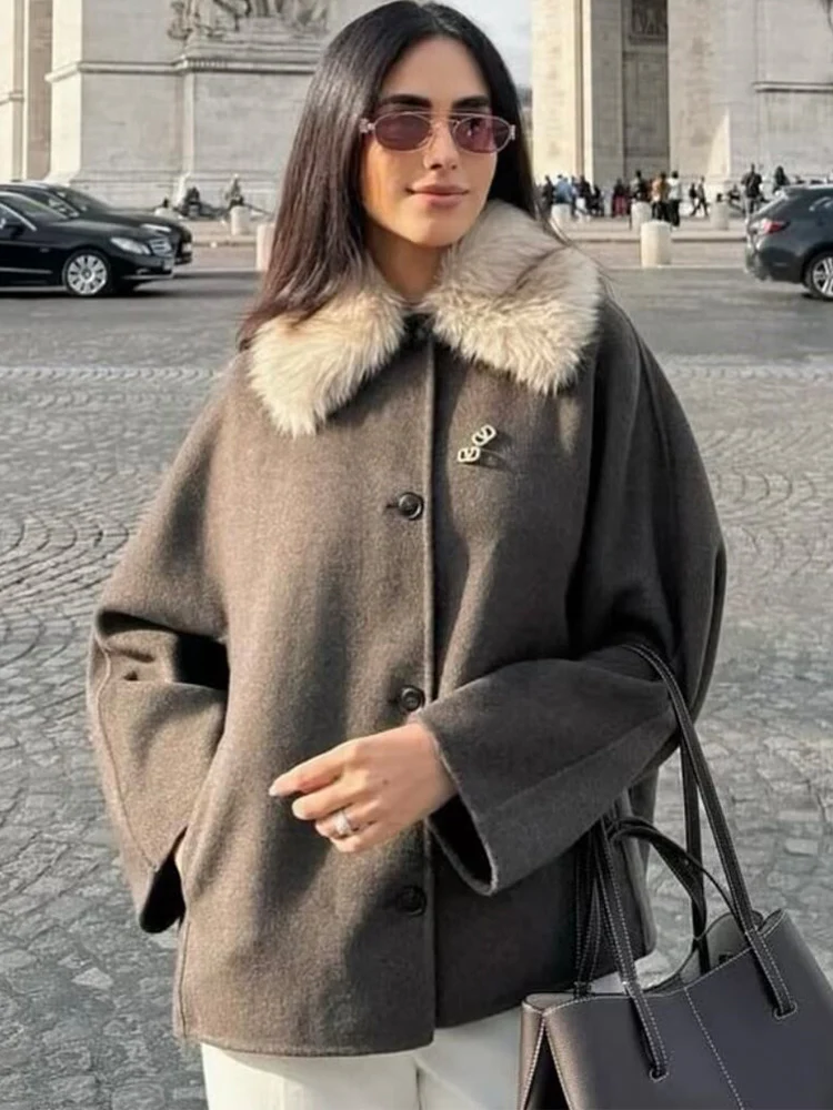 Fashion Women's Woolen Coat Fur Collar Lapel Pocket Solid Warm Loose Fit Coats 2025 Autumn Winter Elegant Female Streetwear