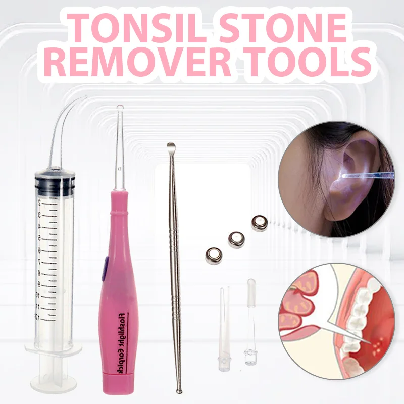 

1Set Tonsil Stone Remover Tools Kit Ear Wax Remover LED Light With 3 Tips Earpick 12cc Irrigator Syringe Glowing ear scoop New