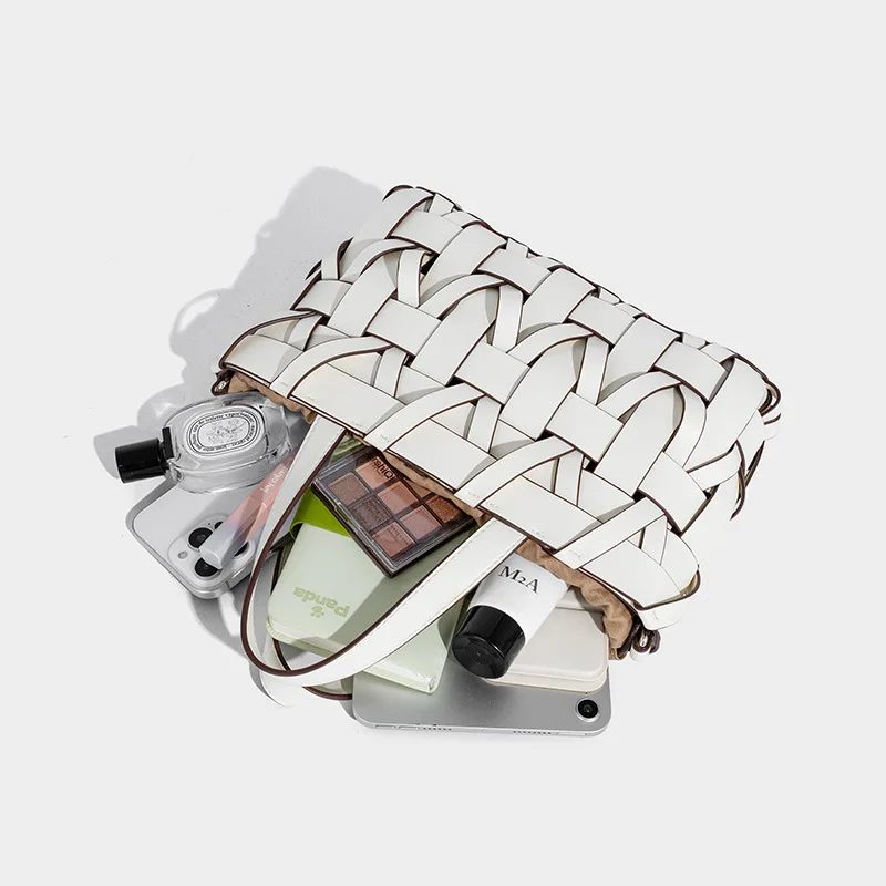 Fashionable Soft Leather Bucket Bag Women's Handbag Woven Hollow out Design Single Shoulder Crossbody Trendy New 2025