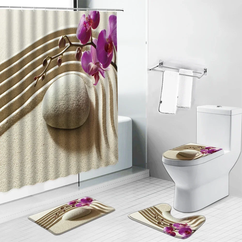 אבני זן מקלחת וילון גינה פרח נוף וילונות אמבטיה סט פלנל ללא החלקה שטיחים שטיחים אסלה טואלט כיסוי שטיחים תפאורה הבית