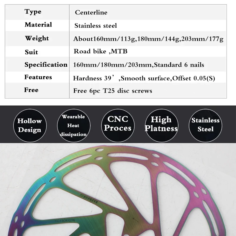 Bike Brake Rotor 2PCS SRAM Bike Brake Rotors 160 180 203MM Centerline Rotor MTB Bicycle Hydraulic Disc Brake Stainless Rotor Silver Rainbow Gold