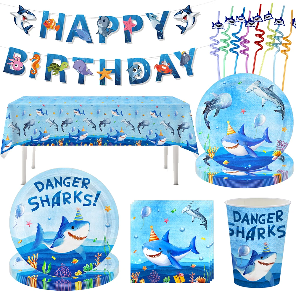 Blue Cartoon Shark Theme Disposable Tableware Set for Kids' Ocean Birthday Party Decor