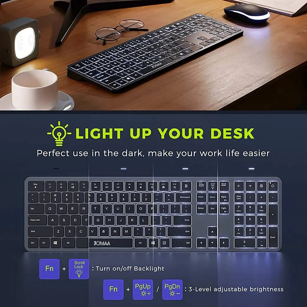 Wireless Ultra Slim Full Size Keyboard and Mouse Combo Rechargeable 2.4G USB Cordless Illuminated keyboard and mouse set