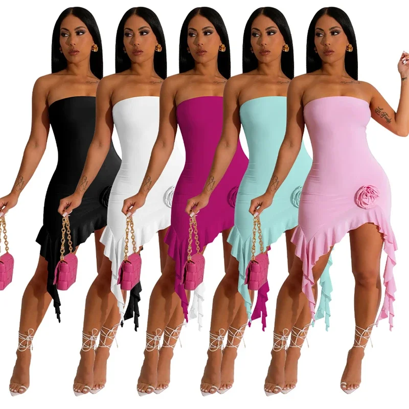 

Летнее платье с 3D цветочными оборками без бретелек, женское сексуальное асимметричное облегающее Клубное платье, женские праздничные пляжные наряды