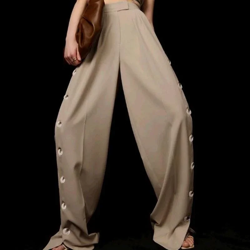 Khaki Oversized Trousers Casual High-waisted Wide-leg Pants 2023 Spring and Autumn Women's Chic Button Trousers Ladies Clothes harajuku checkerboard wide leg pants women chic drawstring loose casual sport pants retro khaki high waist overall blue trousers