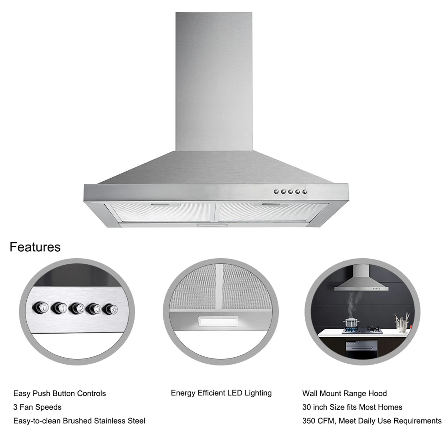 Tieasy 30 inch 450 CFM Wall Mount Permanent Filters Led Lights Range Hood for Kitchen USGD1775A images - 6