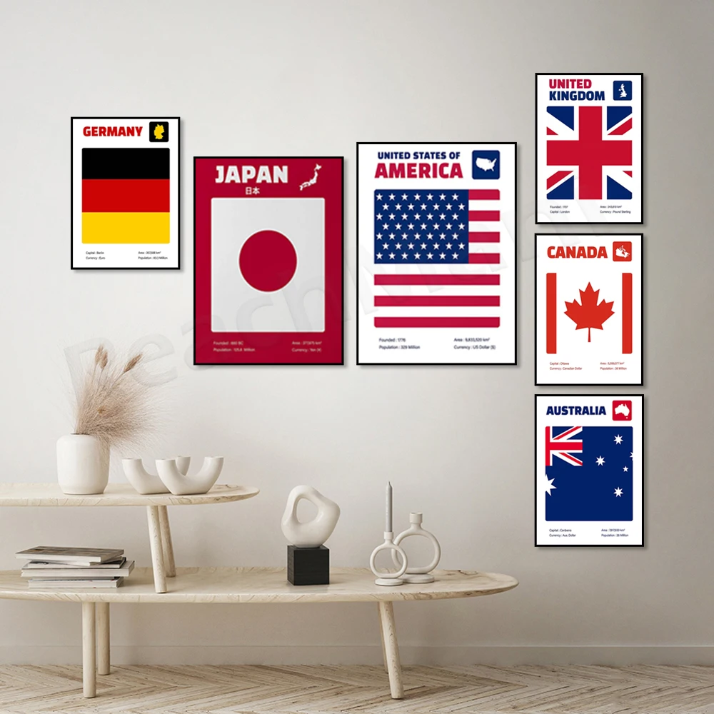 Giappone, Usa, Regno Unito/Regno Unito, Australia, Germania, Canada Flag Print Wall Art Con Mappa, Flag Wall Art, Simple Design Travel Poster, Flag Gi