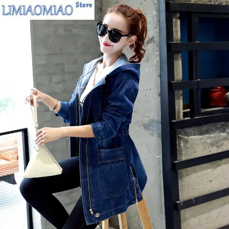 New Hooded Denim Women Jackets Spring Autumn Loose Vintage Long-sleeved Jeans Jacket Casual Student Slim Denim Coat Plus size