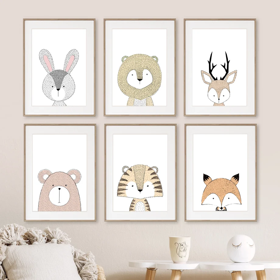 

Lion Tiger Fox Bear Rabbit Deer Nursery Wall Art Print Canvas Painting Nordic Posters Wall Pictures Baby Kids Room Home Decor