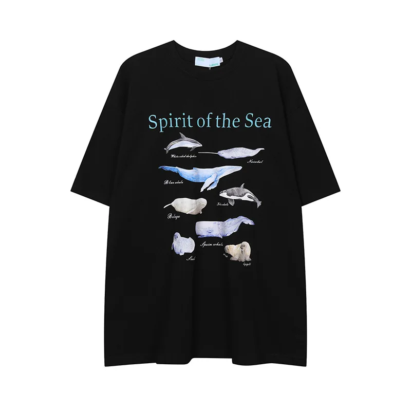 

2023 Summer T-shirt Pure Cotton Marine Print T-shirt Loose Round Neck Oversized Men's and Women's T-shirt