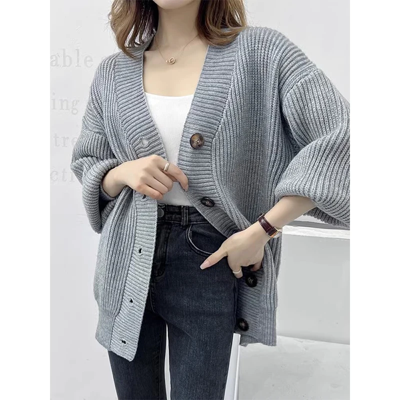 

Gray Vintage Thicken Women Cardigan Autumn Winter 2023 V-neck Loose Warm Sweater Female Streetwear Elegant Knitwear