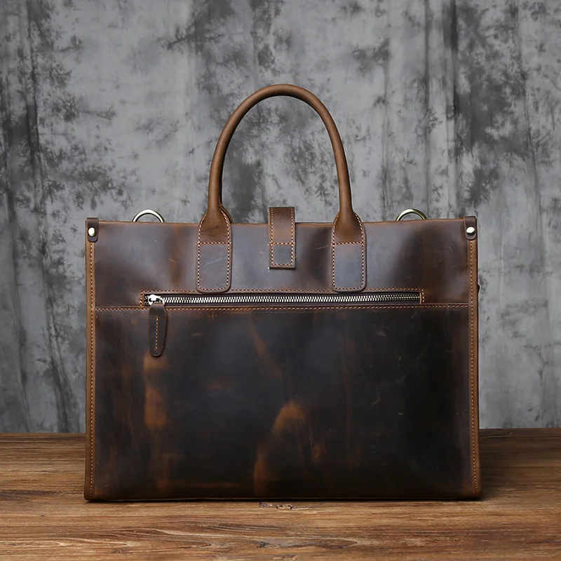 NZPJ Vintage Genuine Leather Men's Briefcase Natural Cowhide Handbag Crazy Horse Leather Computer Bag Casual Crossbody Bag