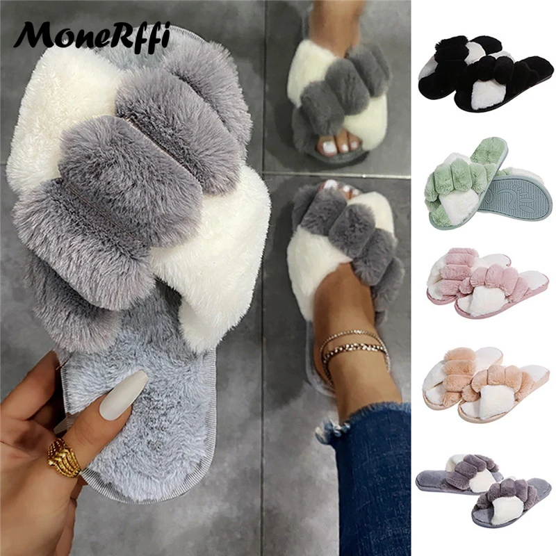 Winter Fashion Shoes Women Real Mink Fur Slippers Winter Warm Fluffy Fur  Slides Cross Styles S6077 - AliExpress