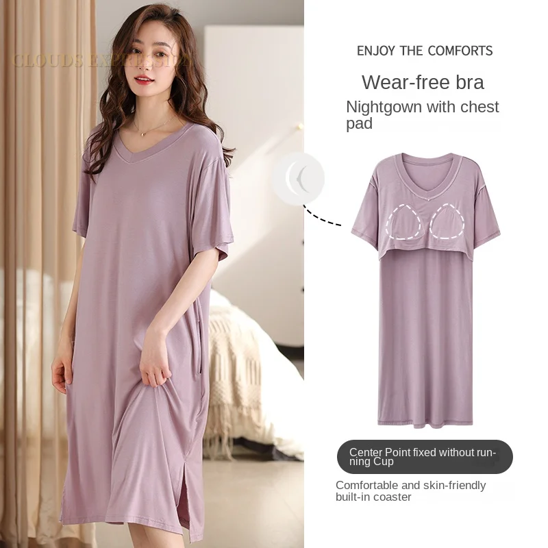 

Summer New Small V-Neck Design Dress Elegant Women's Nightgowns Nighttie Sleepshirts With Bust Padded Ladies Sleepshirts Dresses