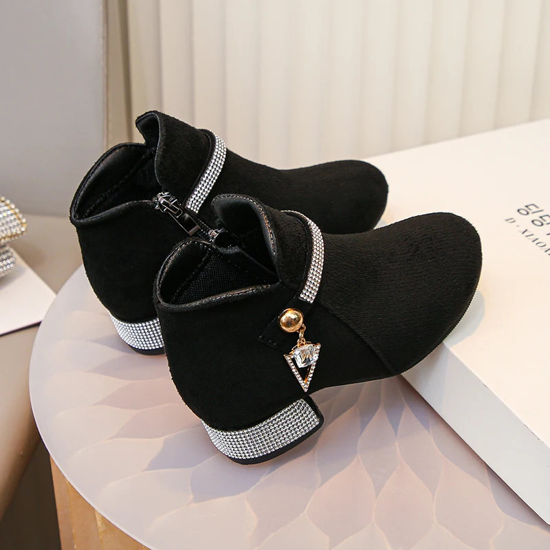 Black Velvet Ankle Boots with Rhinestone for Girls