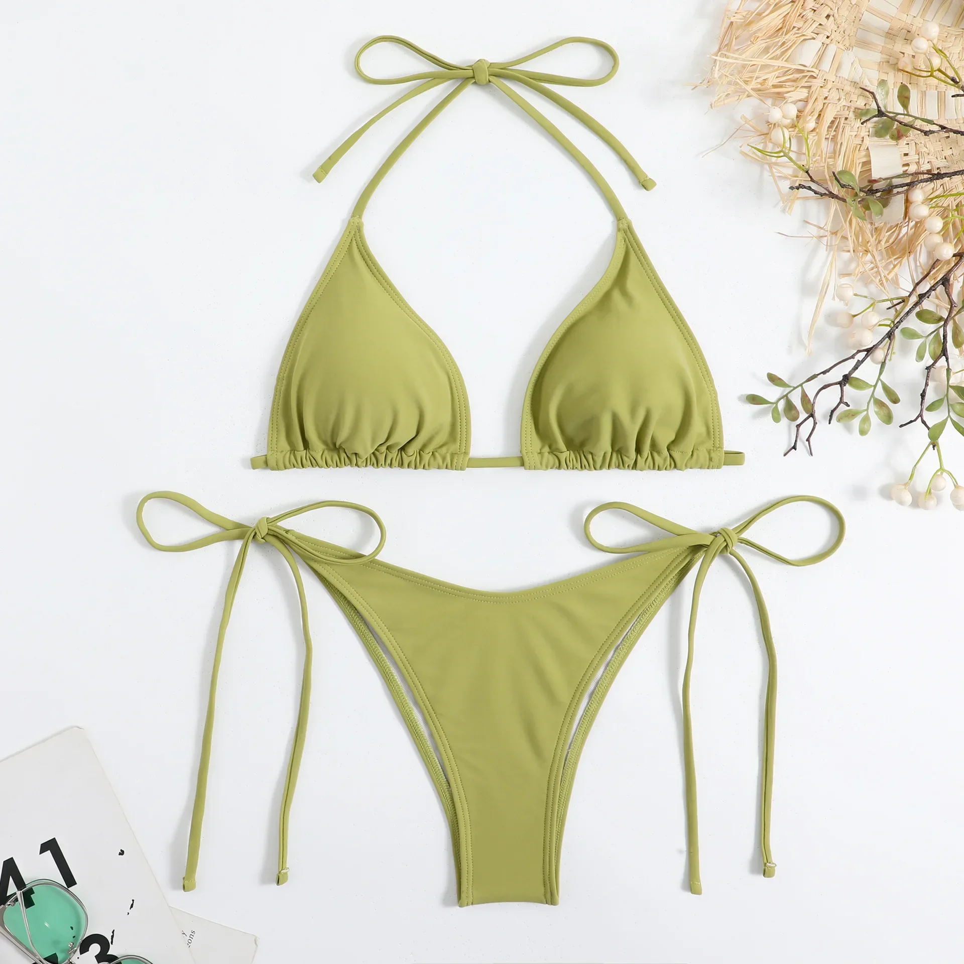 Sexy Women Thong Solid Color Bikini Set Women Side Halter Tie Swimsuit Split Strap Adjustable Brazilian Swimwear Beachwear