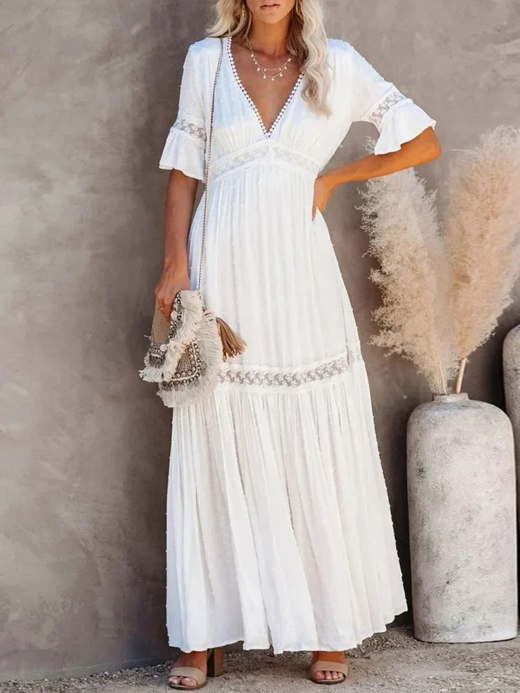 

2023 Women Beach Wear Swim Suit Cover Up Sexy High Waist Belted Maxi Dress Clothe Summer White Lace Tunic Bikini Cover-ups Boho