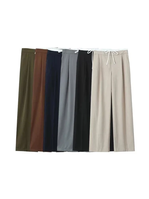 Women's Double Waistband Wide Leg Pants, High Elastic Waist With Drawstring, Side Pockets, Female Trousers, Chic Fashion
