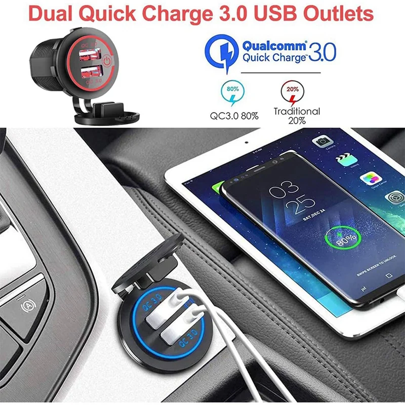 2X QC 3.0  USB  ,  12V, 24V USB ܼƮ, ġ ġ , ڵ, ؾ, Ʈ, RV, , 