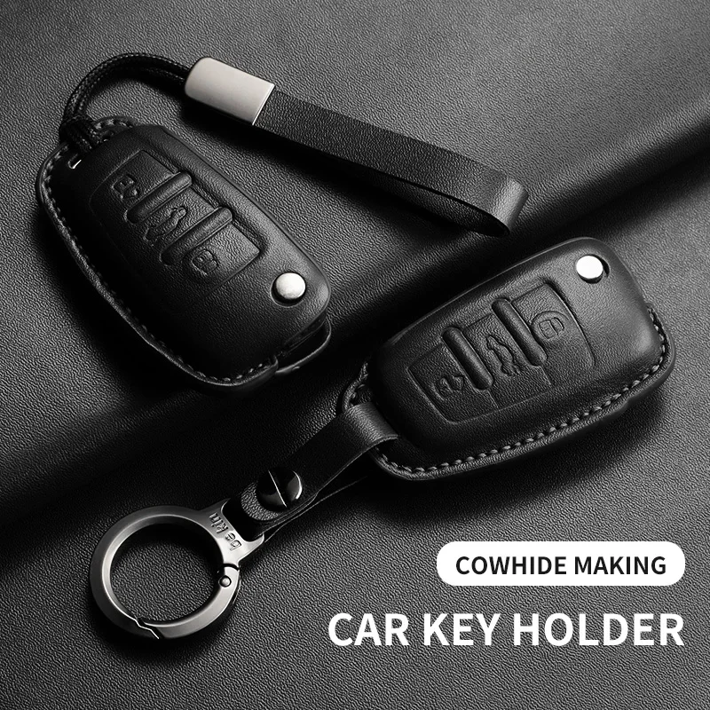 Premium Leather Car Key Case Cover with Keychain - Luxury Auto Accessories