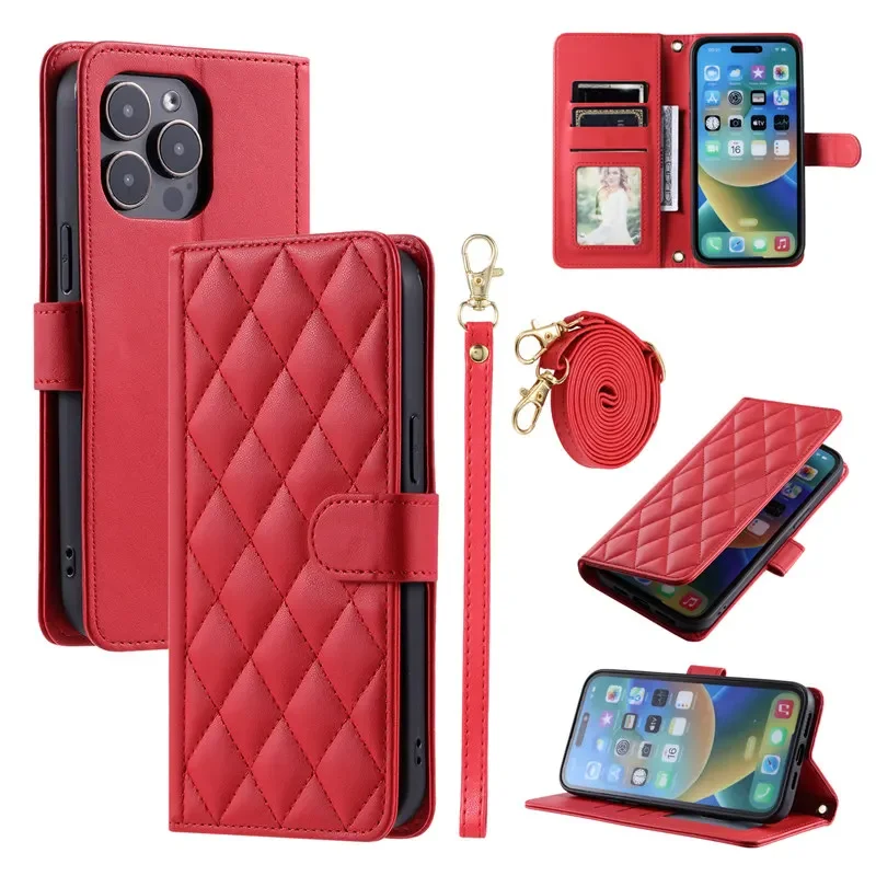 Leather Wallet Phone Case with Long Lanyard - Card Holder Cover