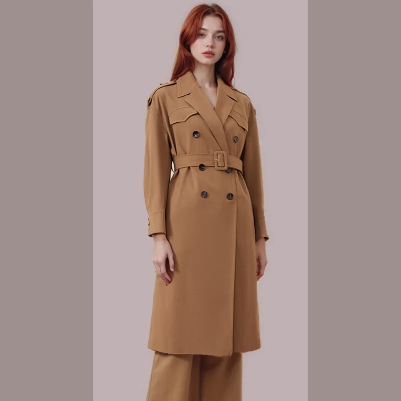 

Original design niche shoulder drop classic retro black camel wine red double breasted trench coat with waistband closure