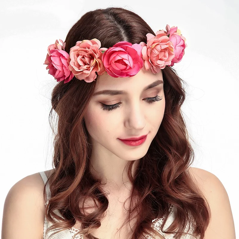 Hair Accessory Artificial Flower Wreath with Ribbon Hairband Handmade Wedding Headbands Flowers Garland Wreath for Women