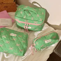 Green Pink Contrasting Bow Makeup Bag Large Capacity Portable Travel Toiletry Bag Storage Bag 2