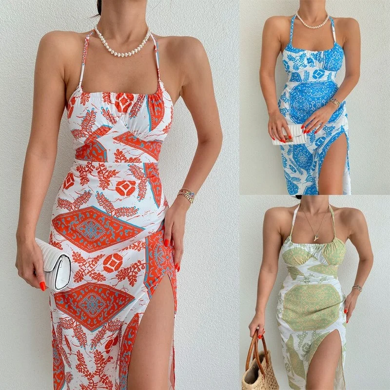 

Sexy Women Long Dress Floral Printed Halter Backless Sleeveless Dress Summer Flower Boho Beach Split Dress Vestidos Vintage 2XL