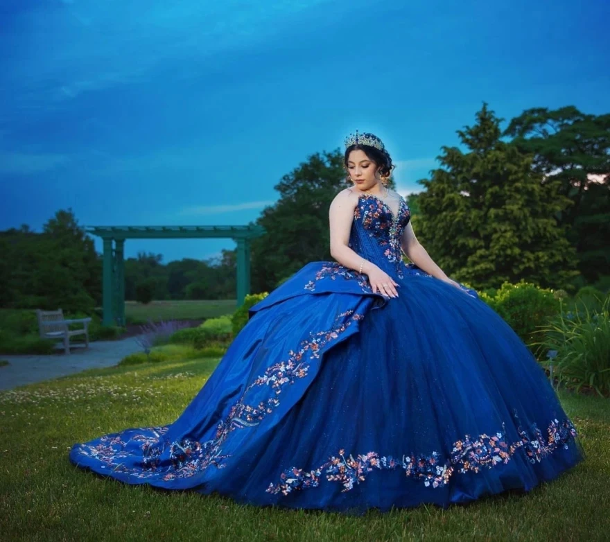 

Платье принцессы 15 лет, бальное платье милой принцессы, Тюлевая аппликация, мексиканское, ярко-синее