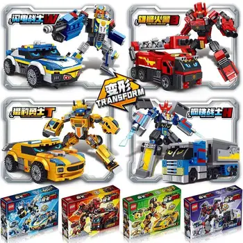 Kit di Blocchi da Costruzione Trasformabili in Auto e Robot, 4 Stili: Camion della Polizia, dei Pompieri, da Corsa, Mecha