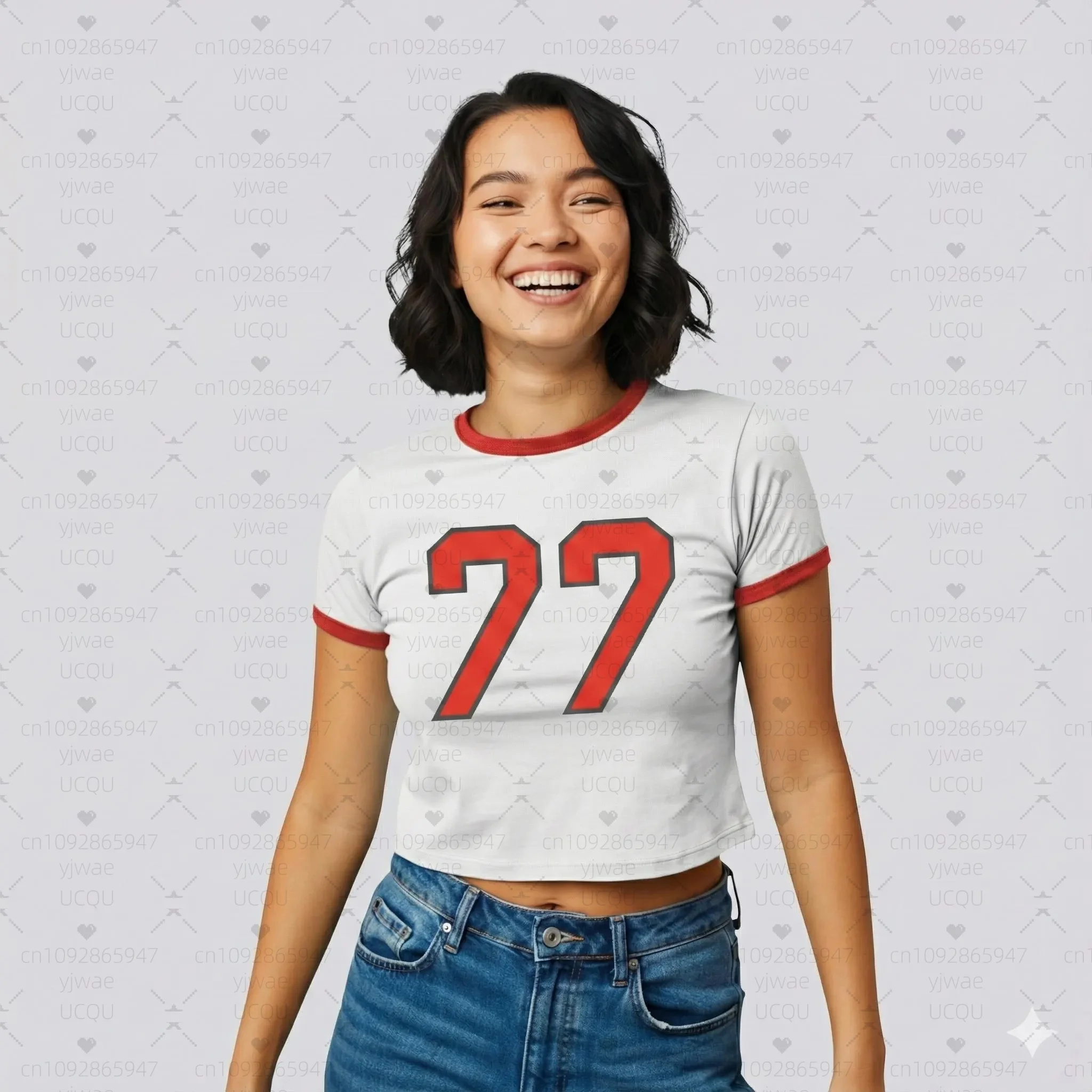 2026 Sommer Damen Mode Crop Sexy Y2K Top Shirt NR.77 O-Ausschnitt Kurzarm T-Shirt Lässige Basic T-Shirts mit Aufdruck Nummer 77