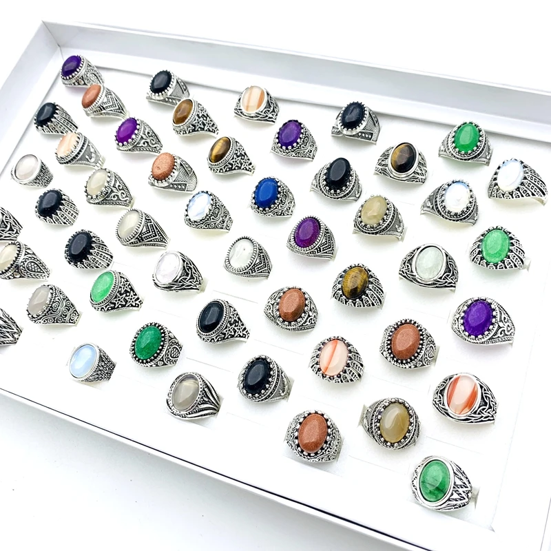 Wholesale 20PCS/Lot Retro Rings For Men Women Natural Stone Silver Plated Fashion Jewelry Accessories