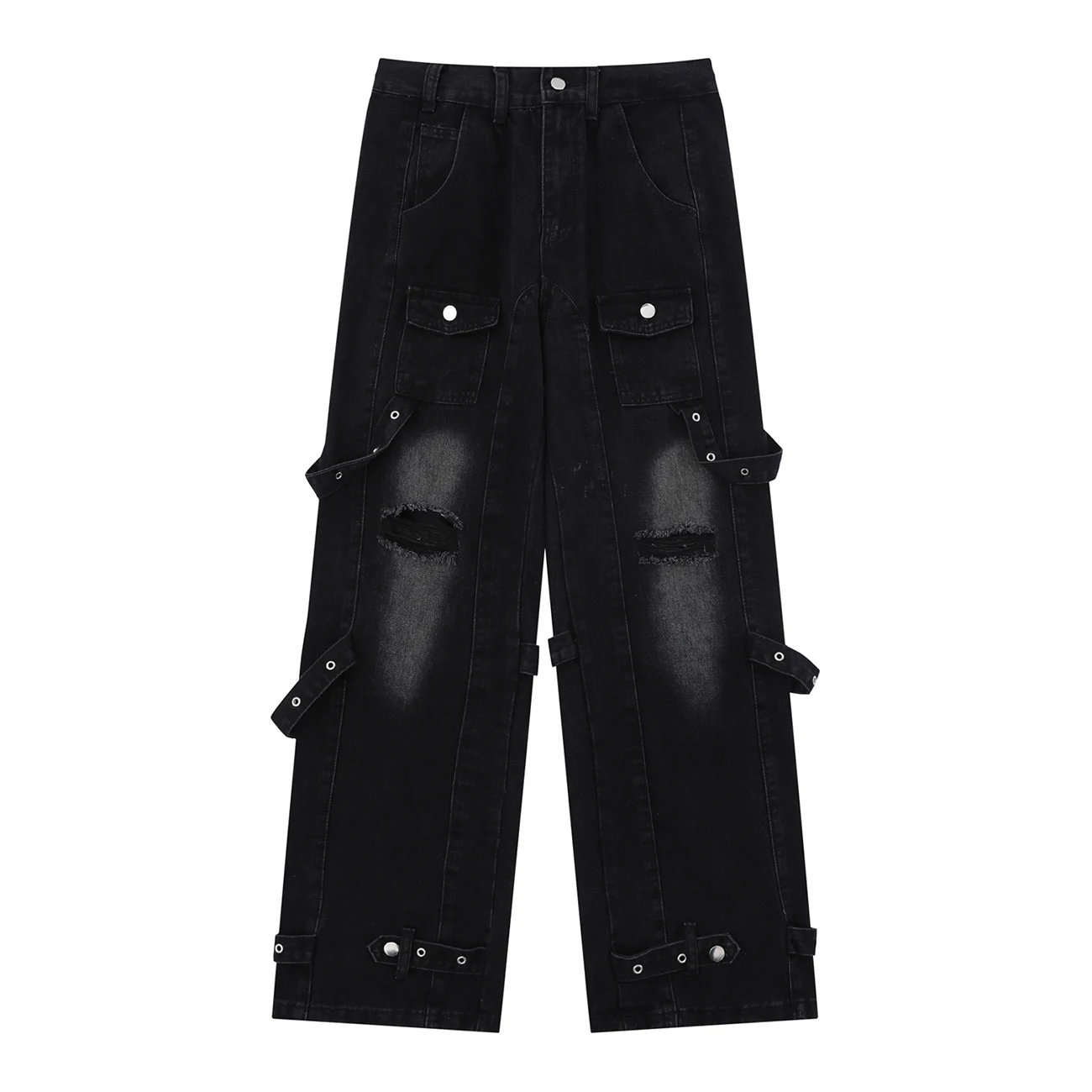 

LACIBLE Ripped Punched Ribbon Pure Black Jeans 2024 New Washed Long Jeans Spring Autumn Hip Hop Casual Jeans Men Women Trousers