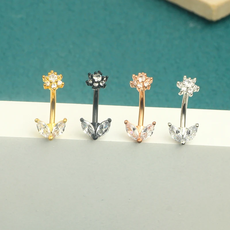 Sexy Navel Piercing Belly Button Rings Bar Crystal Zircon Dangling Ombligo Party Stud Barbell for Woman Body Jewelry 14g Flowr