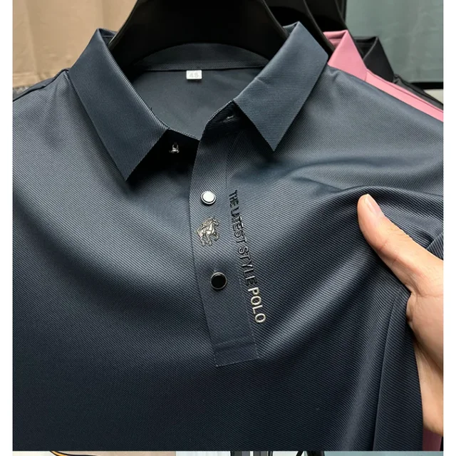 Haut de gamme flambant neuf été couleur unie soie coton haute qualité à manches courtes Polo hommes à la mode affaires sans couture haut décontracté 1