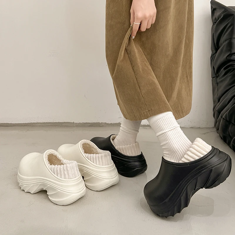 Waterproof Eva Chunky Platform Slippers Women Winter Non Slip Warm Cotton Slippers Woman Fashion Thick Sole Plush Slides Shoes