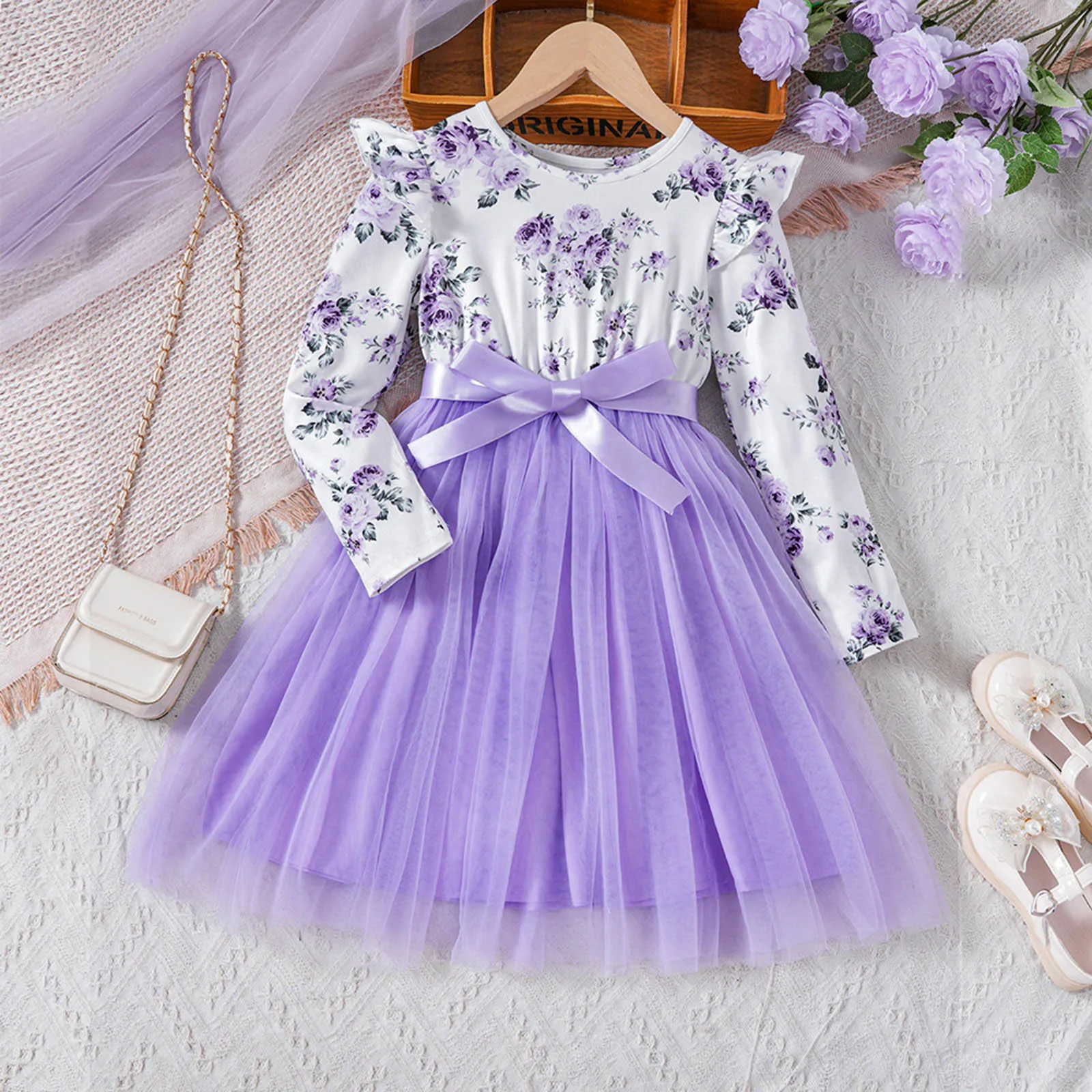 

Children Tulle Princess Dress Kids Girls Spring Long Sleeve Floral Print Bowknot Party Gown Dress Wedding Pageant Clothes 1-6Y