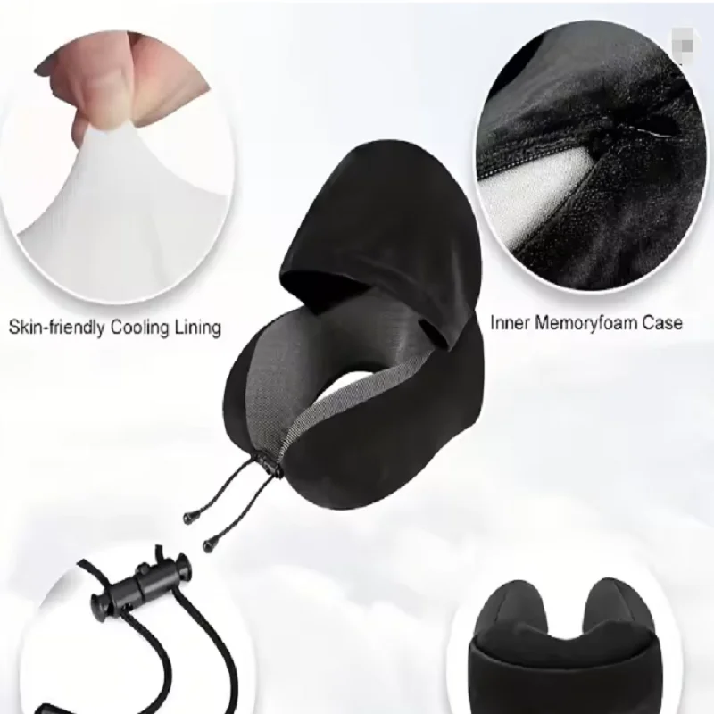 Luxurious Hooded Travel Neck Pillow with Soft Memory Foam and Velvet Cover, Includes Storage Bag