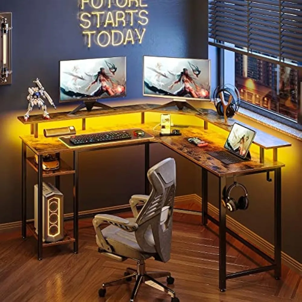 56 L Shaped Gaming Desk with LED Lights & Power Outlets