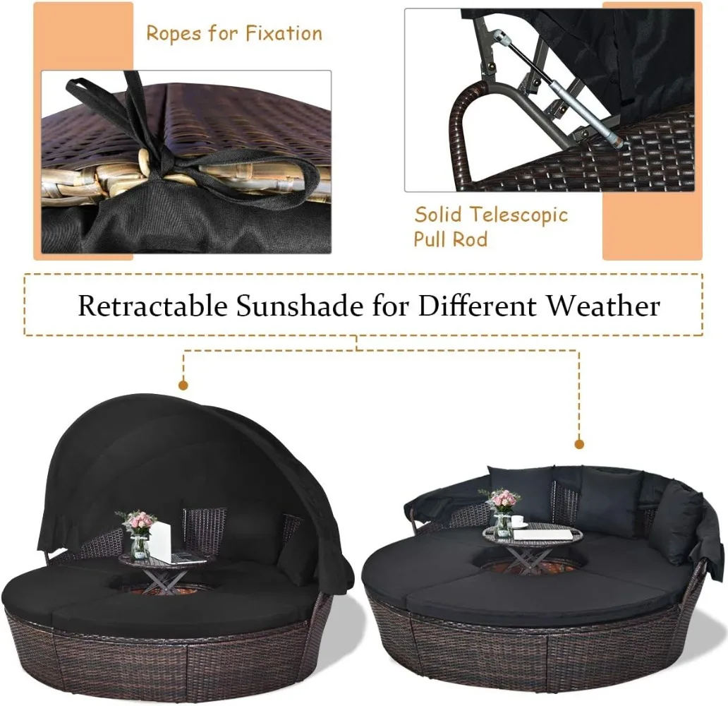 Patio Round Daybed with Retractable Canopy,Outdoor Wicker Rattan Furniture Sets,Sectional Cushioned Sofa Set w/Height 6