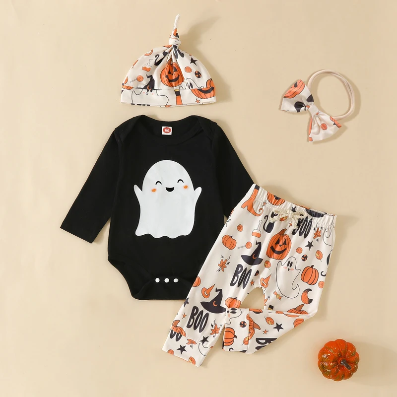 

0-12M Baby Girl Halloween 4 Piece Romper Pants Set Black Long Sleeve Spooky Pumpkin Print Pants Hat Headband Set