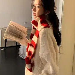 Girl's Striped Gothic Harajuku Winter Scarf - Black & White Shawl Wrap (Red)