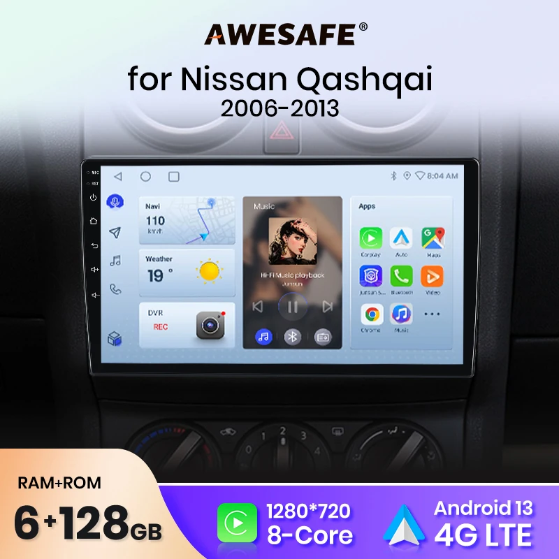 Autoradio sans fil AWESAFE CarPlay Android Auto pour Nissan Qashqai J10 GPS Navi SWC FM BT Plug and Play DSP stéréo