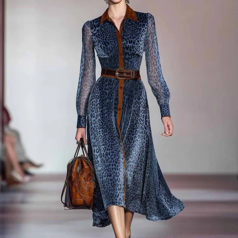Office Lady Leopard Print Long Shirt Dress Women Vintage Long Sleeve Button Down Flowy A-line Bohemian Dress for Work