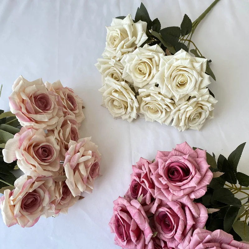 

7-head Wenjuan coated silk screen wedding living room decoration rose bouquet artificial flowers dried flowers