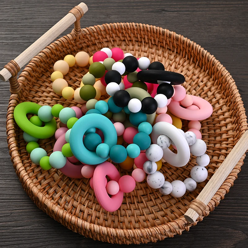 Baby Nursing Bracelets Teether Toys Silicone Beech Ring Beads Teething Wood Rattles Fidget Toys Newborn Accessories BPA Free 3