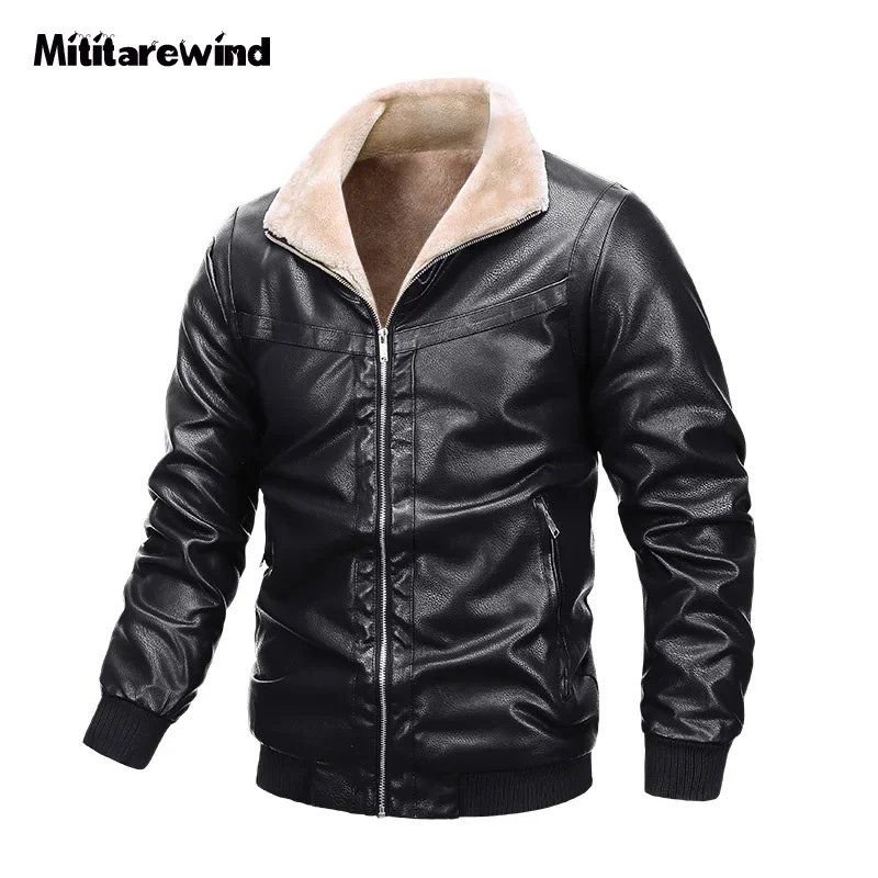Autumn Winter PU Leather Jacket Men Fleece Warm Faux Leather Coat Men Windbreakers Motorcycle Biker Mens Jacket Large Size M-5XL