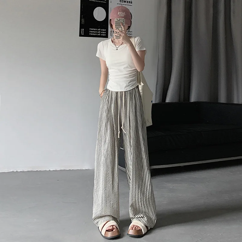 Womens Long Striped Pants New Straight Wide Leg Spring Summer Loose Long Sports Pants Female Suitable Trousers For Female