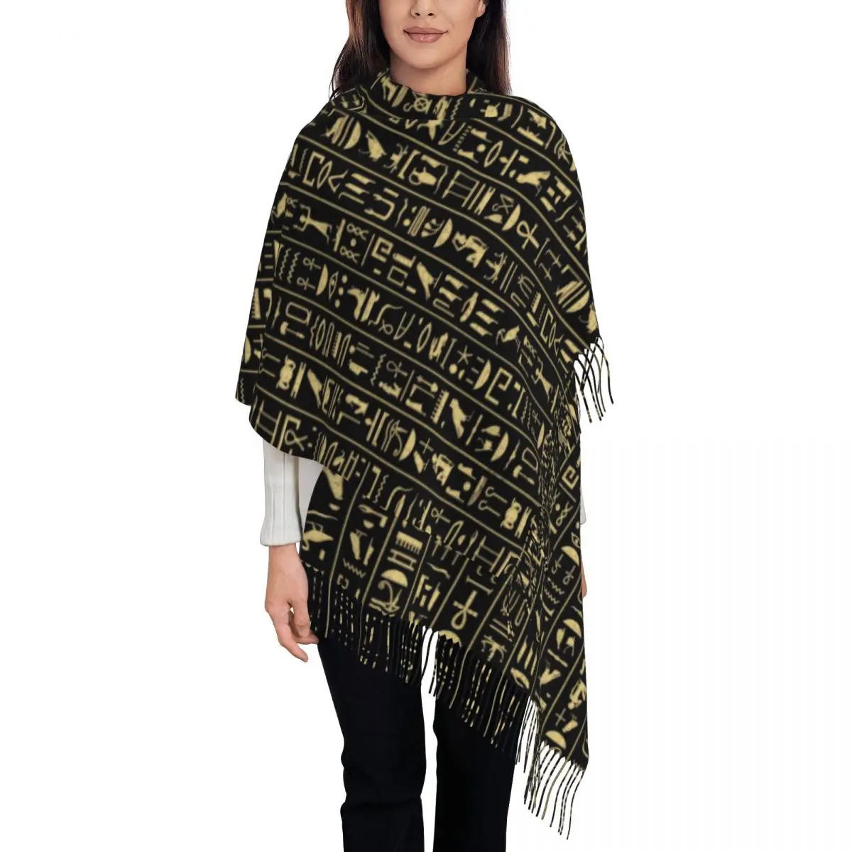 

Luxury Gold Hieroglyphics Tassel Scarf Women Winter Warm Shawl Wrap Lady Egypt Art Scarves